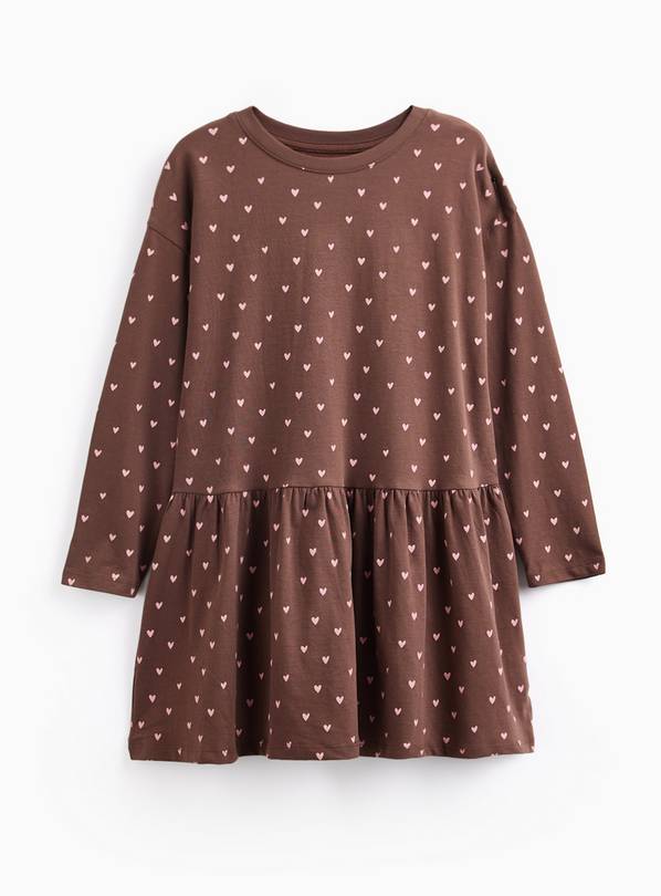 Brown Heart Print Drop Hem Jersey Dress 2-3 years